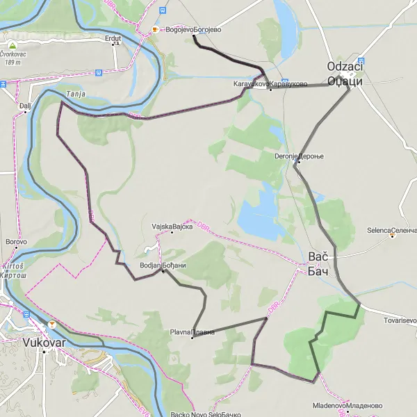 Map miniature of "Bogojevo-Deronje-Bodjani Road Route" cycling inspiration in Autonomous Province of Vojvodina, Serbia. Generated by Tarmacs.app cycling route planner