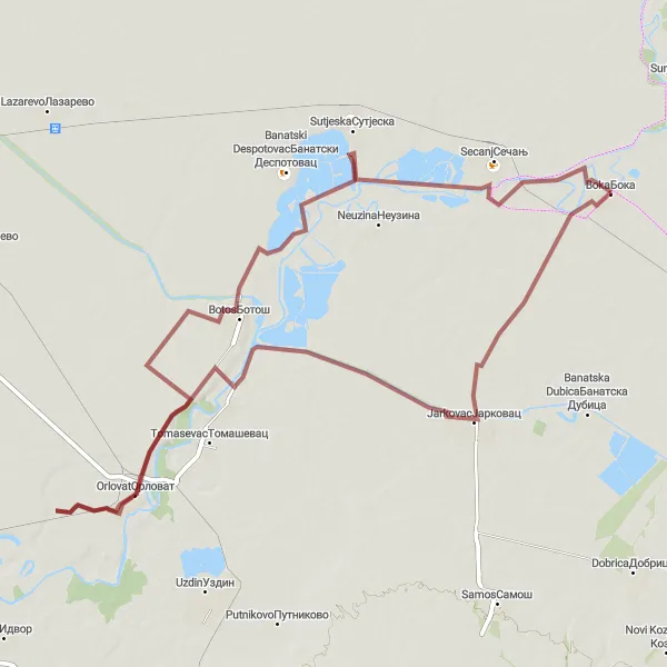 Map miniature of "Boka Gravel Adventure" cycling inspiration in Autonomous Province of Vojvodina, Serbia. Generated by Tarmacs.app cycling route planner