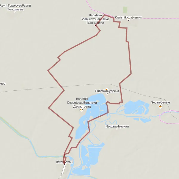 Map miniature of "The Botoš Gravel Escape" cycling inspiration in Autonomous Province of Vojvodina, Serbia. Generated by Tarmacs.app cycling route planner