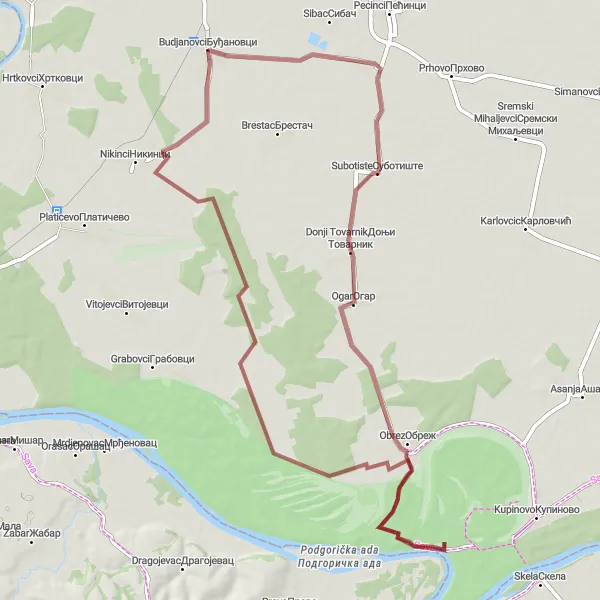Map miniature of "Obrez Gravel Ride" cycling inspiration in Autonomous Province of Vojvodina, Serbia. Generated by Tarmacs.app cycling route planner