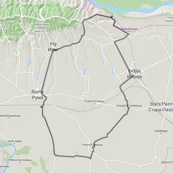 Map miniature of "Irig Countryside Tour" cycling inspiration in Autonomous Province of Vojvodina, Serbia. Generated by Tarmacs.app cycling route planner