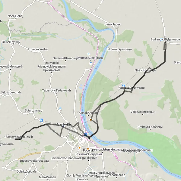 Map miniature of "Buđanovci - Šabac - Slepcevic - Šabački grad - Nikinci" cycling inspiration in Autonomous Province of Vojvodina, Serbia. Generated by Tarmacs.app cycling route planner