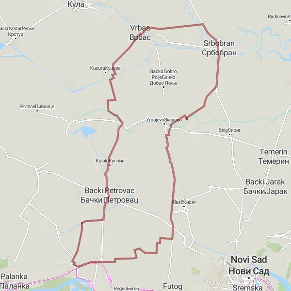 Map miniature of "Exploring Vojvodina's Countryside" cycling inspiration in Autonomous Province of Vojvodina, Serbia. Generated by Tarmacs.app cycling route planner