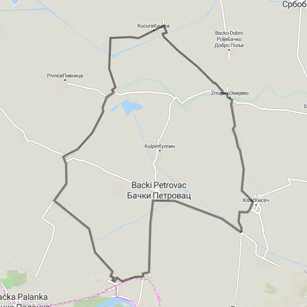 Map miniature of "Celarevo and Surroundings" cycling inspiration in Autonomous Province of Vojvodina, Serbia. Generated by Tarmacs.app cycling route planner