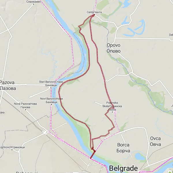 Map miniature of "Exploring the Gravel Paths" cycling inspiration in Autonomous Province of Vojvodina, Serbia. Generated by Tarmacs.app cycling route planner