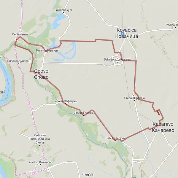 Map miniature of "Exploring the Gravel Paths of Vojvodina" cycling inspiration in Autonomous Province of Vojvodina, Serbia. Generated by Tarmacs.app cycling route planner