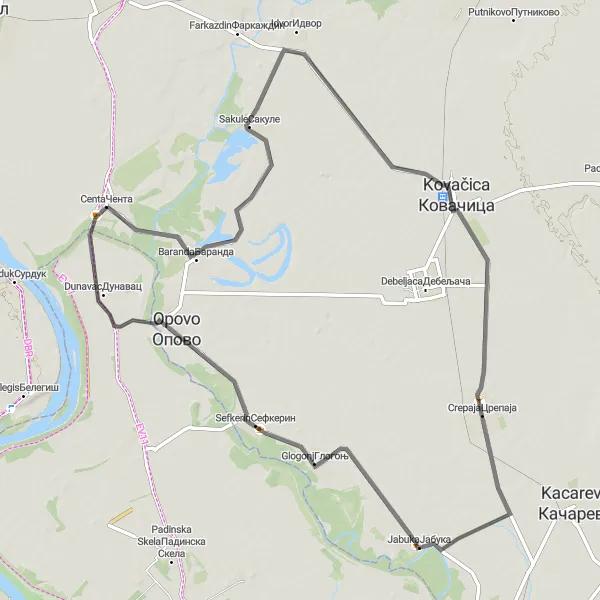 Map miniature of "The Centa Loop" cycling inspiration in Autonomous Province of Vojvodina, Serbia. Generated by Tarmacs.app cycling route planner