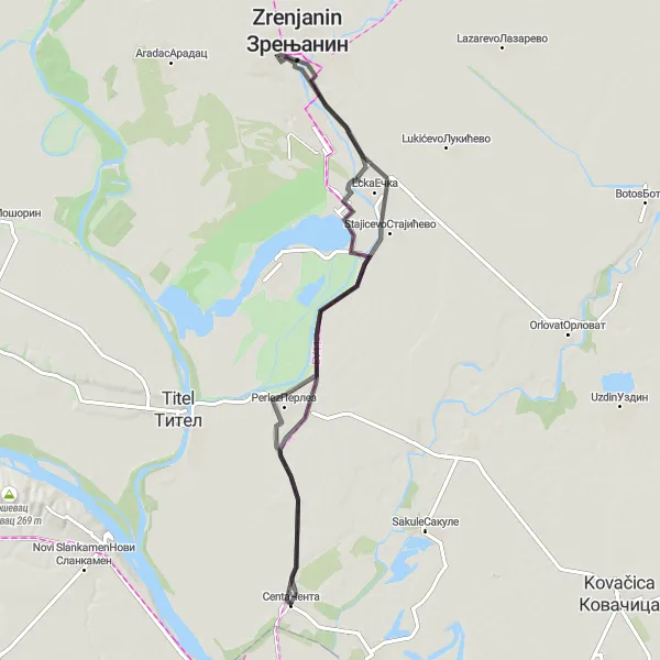 Map miniature of "The Stajicevo Ride" cycling inspiration in Autonomous Province of Vojvodina, Serbia. Generated by Tarmacs.app cycling route planner