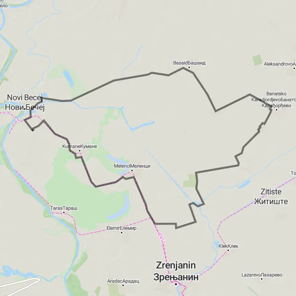 Map miniature of "Discover the East" cycling inspiration in Autonomous Province of Vojvodina, Serbia. Generated by Tarmacs.app cycling route planner