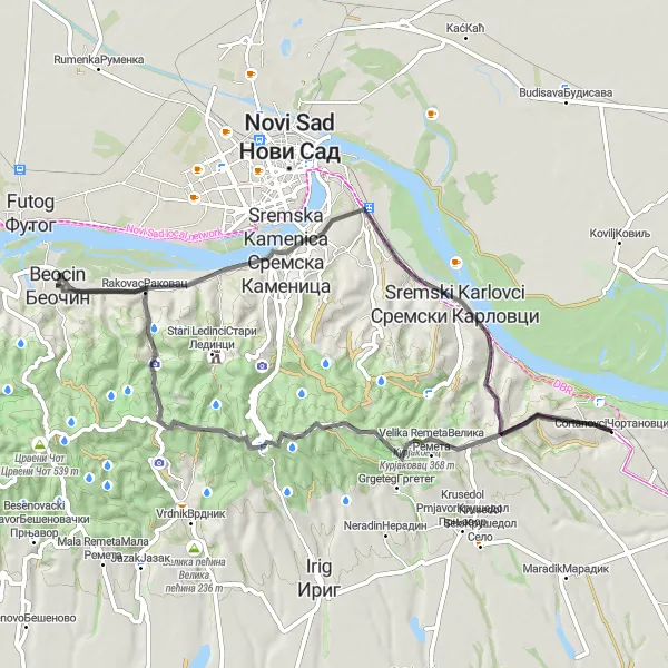 Map miniature of "Sremski Karlovci Loop" cycling inspiration in Autonomous Province of Vojvodina, Serbia. Generated by Tarmacs.app cycling route planner