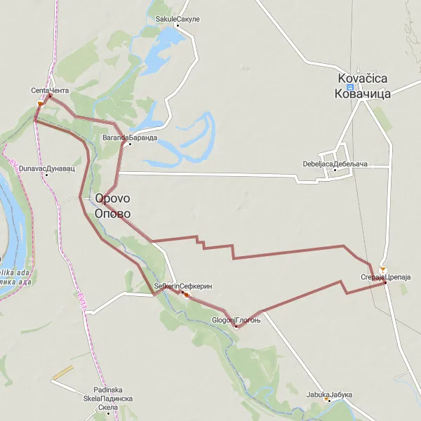 Map miniature of "Opovo and Centa Gravel Adventure" cycling inspiration in Autonomous Province of Vojvodina, Serbia. Generated by Tarmacs.app cycling route planner