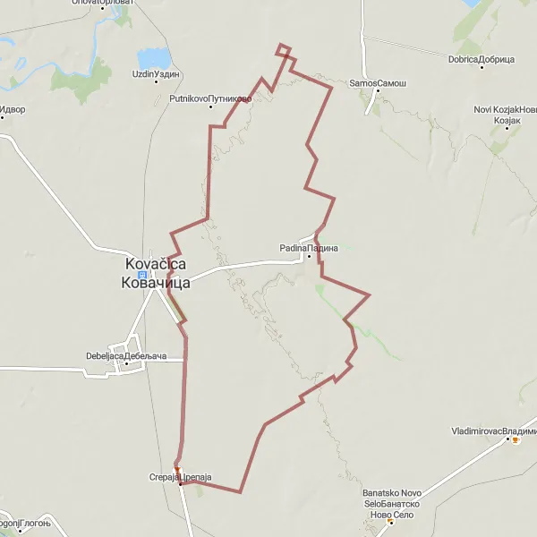 Map miniature of "Gravel Ride to Kovačica" cycling inspiration in Autonomous Province of Vojvodina, Serbia. Generated by Tarmacs.app cycling route planner