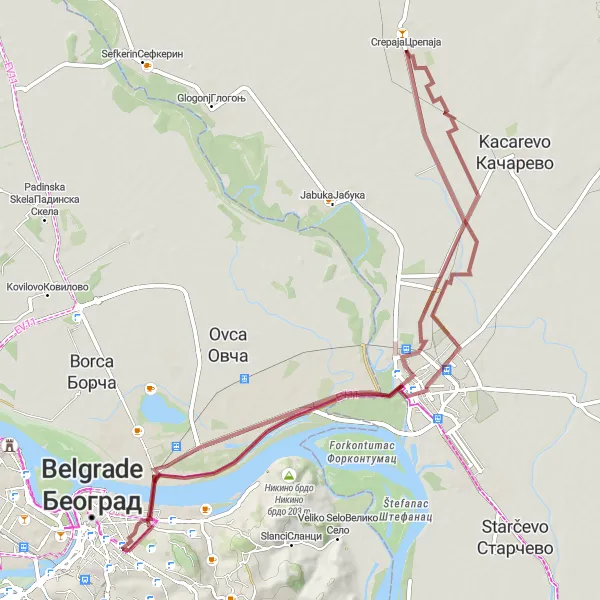 Map miniature of "Gravel Adventure to Vracar" cycling inspiration in Autonomous Province of Vojvodina, Serbia. Generated by Tarmacs.app cycling route planner