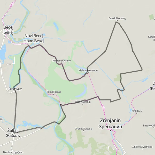 Map miniature of "Čurug - Kumane - Melenci - Torda - Mihajlovo - Elemir - Žabalj Road Route" cycling inspiration in Autonomous Province of Vojvodina, Serbia. Generated by Tarmacs.app cycling route planner