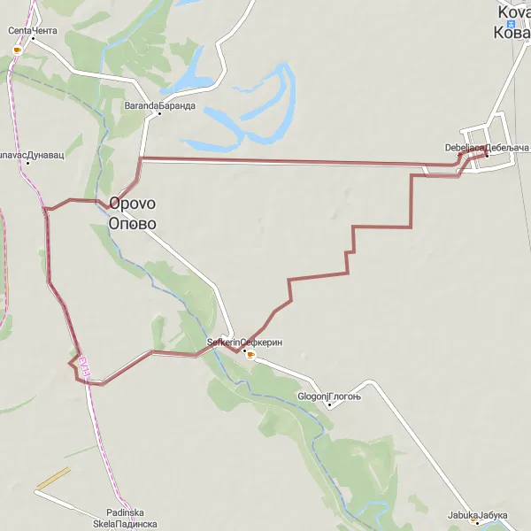 Map miniature of "Gravel Cycling Route: Debeljača - Opovo Loop" cycling inspiration in Autonomous Province of Vojvodina, Serbia. Generated by Tarmacs.app cycling route planner