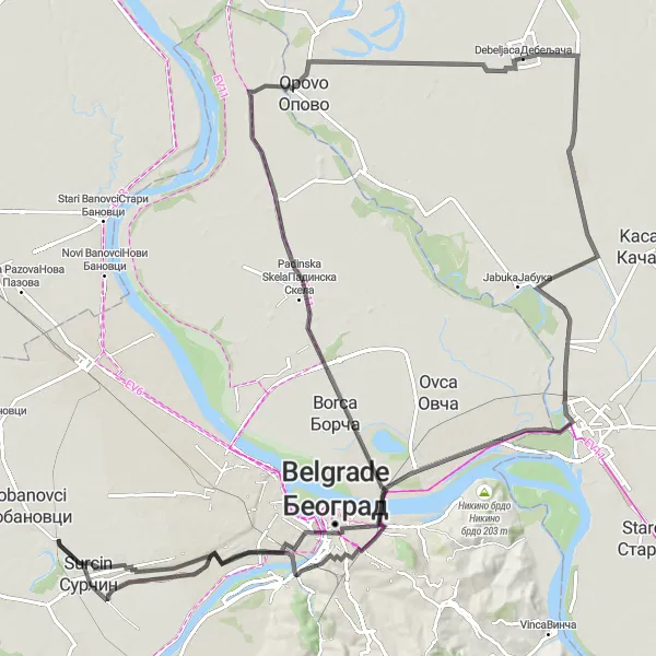 Map miniature of "Crepaja to Opovo Loop" cycling inspiration in Autonomous Province of Vojvodina, Serbia. Generated by Tarmacs.app cycling route planner