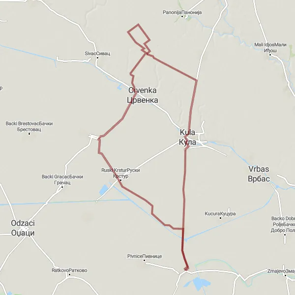 Map miniature of "Scenic Gravel Adventure" cycling inspiration in Autonomous Province of Vojvodina, Serbia. Generated by Tarmacs.app cycling route planner