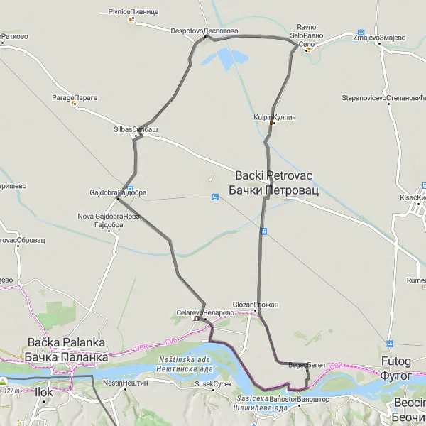 Map miniature of "The Ravno Selo Loop" cycling inspiration in Autonomous Province of Vojvodina, Serbia. Generated by Tarmacs.app cycling route planner