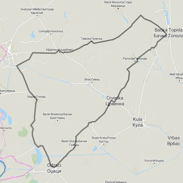 Map miniature of "Scenic Road Trip" cycling inspiration in Autonomous Province of Vojvodina, Serbia. Generated by Tarmacs.app cycling route planner