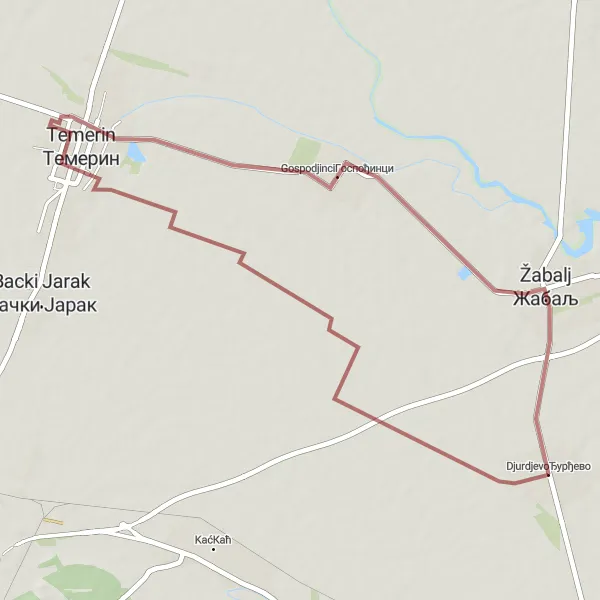 Map miniature of "The Temerin Gravel Route" cycling inspiration in Autonomous Province of Vojvodina, Serbia. Generated by Tarmacs.app cycling route planner