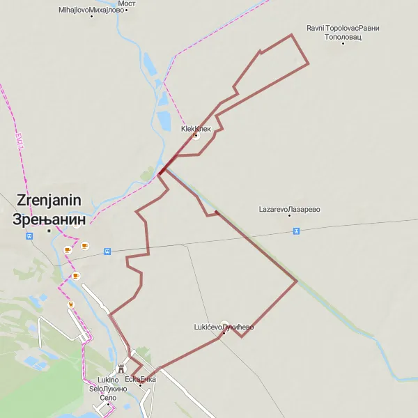 Map miniature of "Zlatno vreme i skrivevi Ečke" cycling inspiration in Autonomous Province of Vojvodina, Serbia. Generated by Tarmacs.app cycling route planner