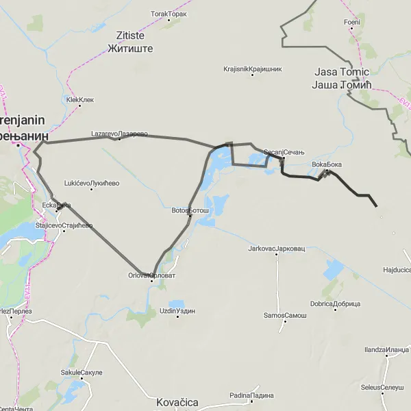 Map miniature of "Road Route to Lazarevo and Orlovat" cycling inspiration in Autonomous Province of Vojvodina, Serbia. Generated by Tarmacs.app cycling route planner