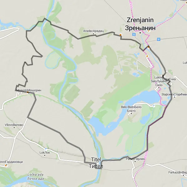 Map miniature of "Road Route to Ecka Castle and Aradac" cycling inspiration in Autonomous Province of Vojvodina, Serbia. Generated by Tarmacs.app cycling route planner