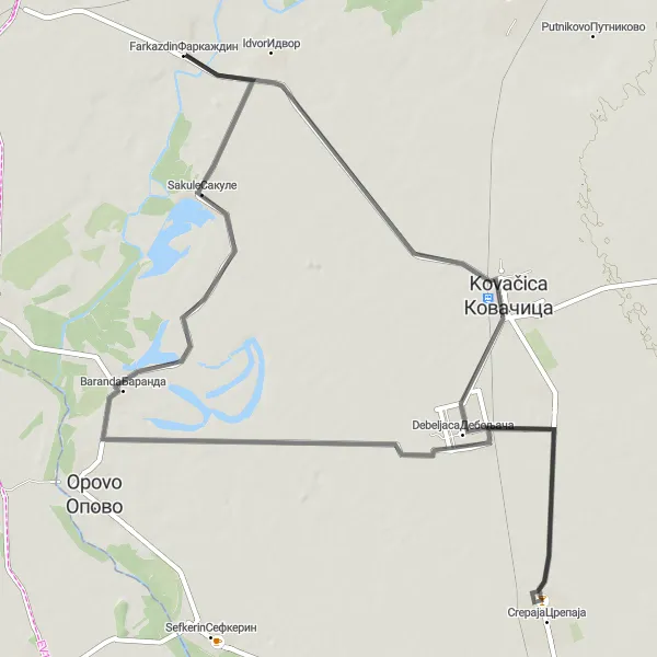 Map miniature of "Scenic Road Loop through Idvor, Kovačica, and Crepaja" cycling inspiration in Autonomous Province of Vojvodina, Serbia. Generated by Tarmacs.app cycling route planner