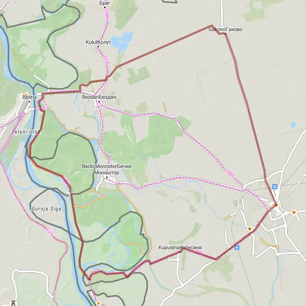 Map miniature of "Exploring the Northwestern Notjasanko" cycling inspiration in Autonomous Province of Vojvodina, Serbia. Generated by Tarmacs.app cycling route planner