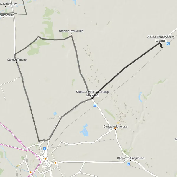 Map miniature of "Stanisic and Aleksa Santic Road Route" cycling inspiration in Autonomous Province of Vojvodina, Serbia. Generated by Tarmacs.app cycling route planner