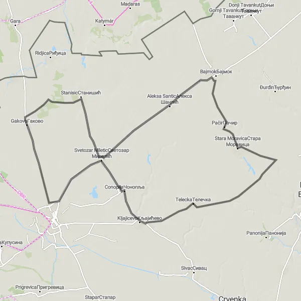 Map miniature of "Journey through Permuy" cycling inspiration in Autonomous Province of Vojvodina, Serbia. Generated by Tarmacs.app cycling route planner