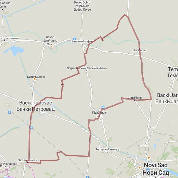 Map miniature of "Serene Countryside" cycling inspiration in Autonomous Province of Vojvodina, Serbia. Generated by Tarmacs.app cycling route planner