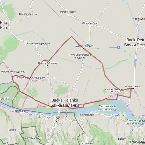 Map miniature of "Discovering Karadjordjevo by Gravel" cycling inspiration in Autonomous Province of Vojvodina, Serbia. Generated by Tarmacs.app cycling route planner