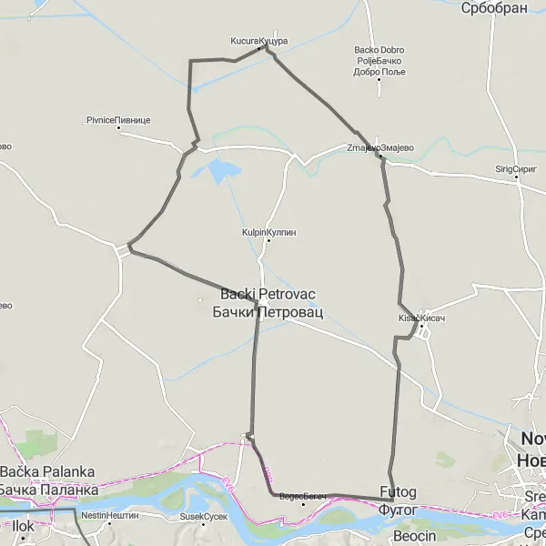 Map miniature of "Exploring the Outskirts" cycling inspiration in Autonomous Province of Vojvodina, Serbia. Generated by Tarmacs.app cycling route planner