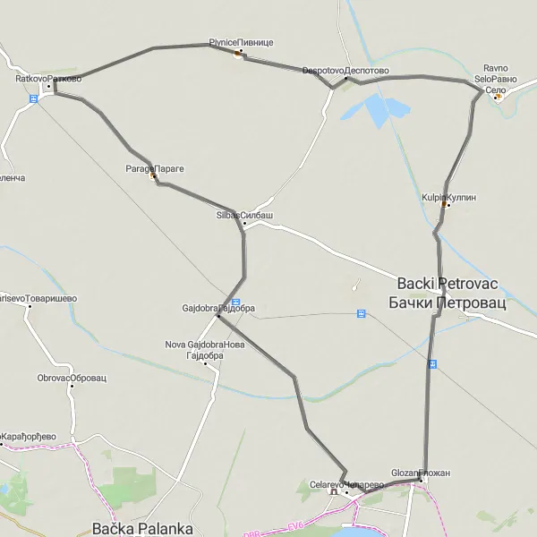 Map miniature of "Gložan and Surroundings" cycling inspiration in Autonomous Province of Vojvodina, Serbia. Generated by Tarmacs.app cycling route planner