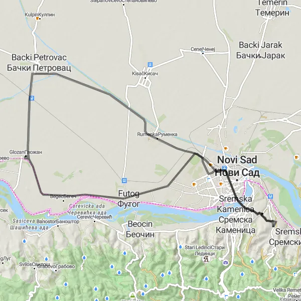 Map miniature of "Novi Sad to Begec Adventure" cycling inspiration in Autonomous Province of Vojvodina, Serbia. Generated by Tarmacs.app cycling route planner