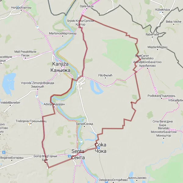 Map miniature of "Gornji Breg - Adorjan - Novi Knezevac - Srpski Krstur - Coka" cycling inspiration in Autonomous Province of Vojvodina, Serbia. Generated by Tarmacs.app cycling route planner