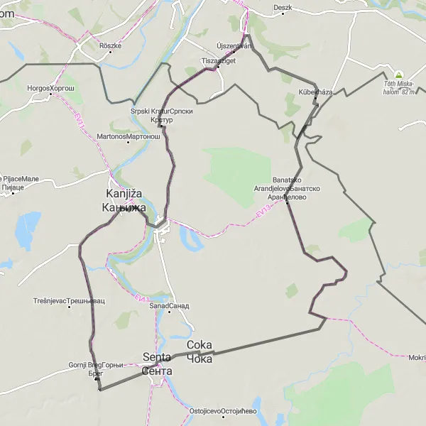 Map miniature of "Gornji Breg - Vojvoda Zimonjic - Novi Knezevac - Tiszasziget - Kübekháza - Podlokanj - Crna Bara - Senta" cycling inspiration in Autonomous Province of Vojvodina, Serbia. Generated by Tarmacs.app cycling route planner
