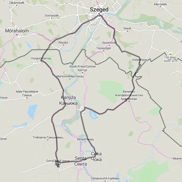 Map miniature of "Through Serbian and Hungarian Countryside" cycling inspiration in Autonomous Province of Vojvodina, Serbia. Generated by Tarmacs.app cycling route planner