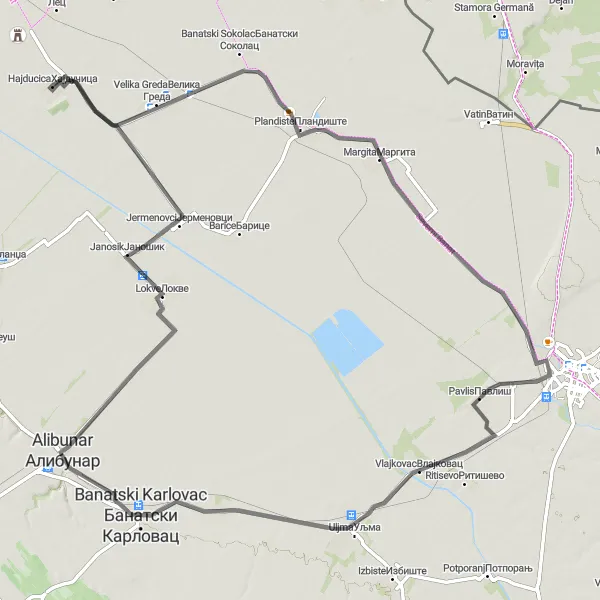 Map miniature of "Road Cycling Exploration near Hajducica" cycling inspiration in Autonomous Province of Vojvodina, Serbia. Generated by Tarmacs.app cycling route planner