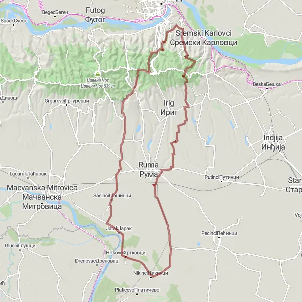 Map miniature of "Vojvodina Gravel Adventure" cycling inspiration in Autonomous Province of Vojvodina, Serbia. Generated by Tarmacs.app cycling route planner