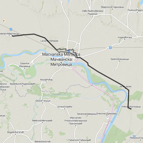 Map miniature of "Historical Route" cycling inspiration in Autonomous Province of Vojvodina, Serbia. Generated by Tarmacs.app cycling route planner