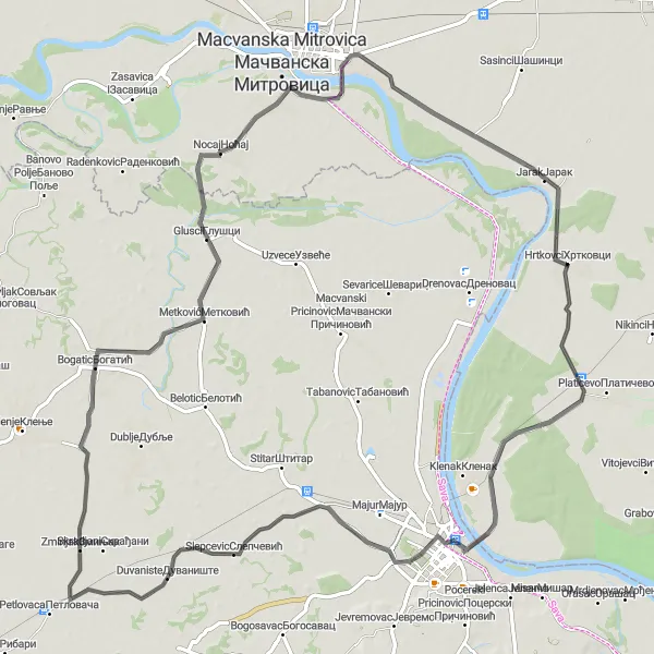 Map miniature of "Challenging Road Cycling in Hrtkovci" cycling inspiration in Autonomous Province of Vojvodina, Serbia. Generated by Tarmacs.app cycling route planner