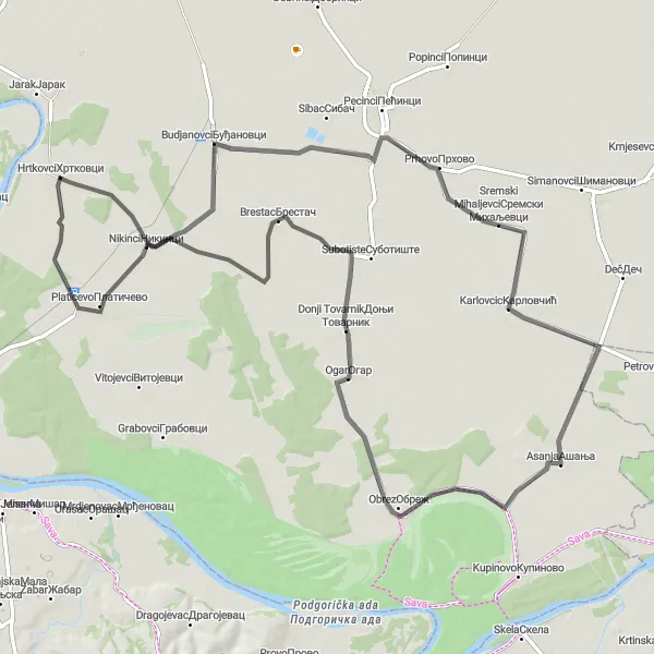 Map miniature of "Riverside Escape" cycling inspiration in Autonomous Province of Vojvodina, Serbia. Generated by Tarmacs.app cycling route planner
