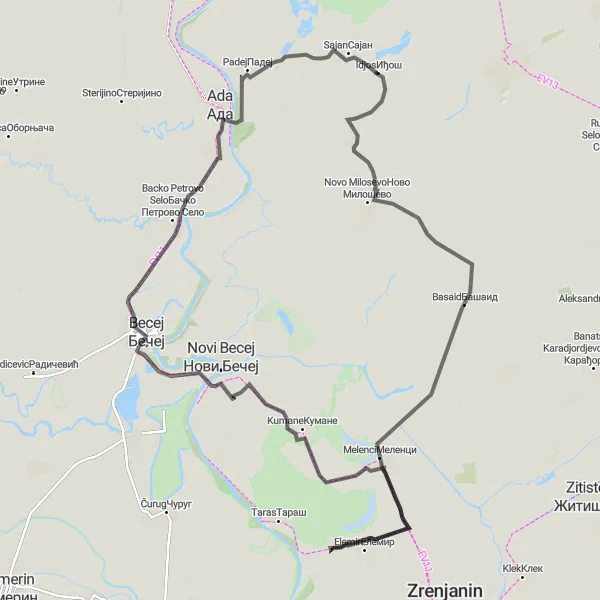 Map miniature of "The Countryside Loop" cycling inspiration in Autonomous Province of Vojvodina, Serbia. Generated by Tarmacs.app cycling route planner