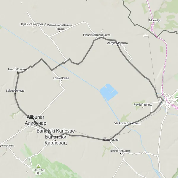 Map miniature of "Ilandza countryside loop through Jermenovci, Margita, Vlajkovac, Nikolinci, and Ilandza" cycling inspiration in Autonomous Province of Vojvodina, Serbia. Generated by Tarmacs.app cycling route planner