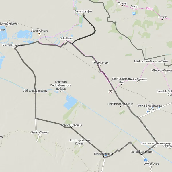 Map miniature of "Scenic tour from Ilandza to Dobrica, Jarkovac, Boka, Surjan, Konak, Janosik, and Ilandza" cycling inspiration in Autonomous Province of Vojvodina, Serbia. Generated by Tarmacs.app cycling route planner