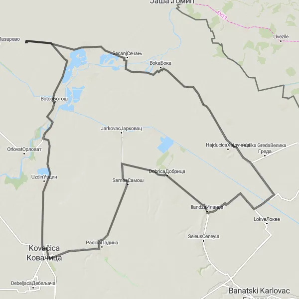 Map miniature of "The Road to Discovery" cycling inspiration in Autonomous Province of Vojvodina, Serbia. Generated by Tarmacs.app cycling route planner