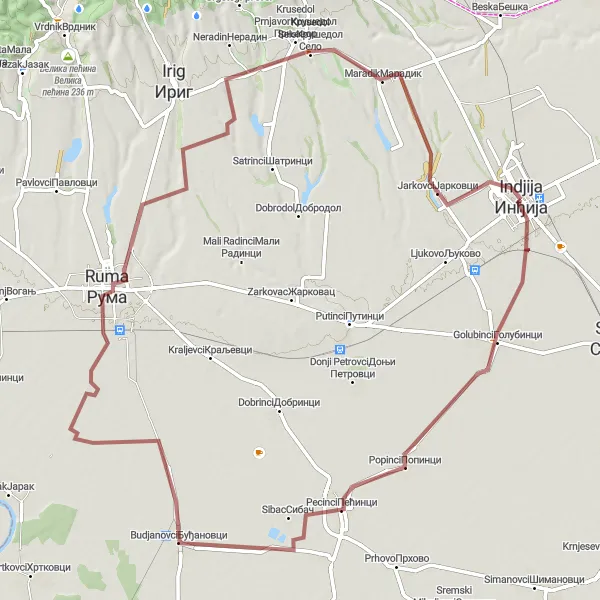 Map miniature of "Gravel Adventure: Golubinci to Jarkovci" cycling inspiration in Autonomous Province of Vojvodina, Serbia. Generated by Tarmacs.app cycling route planner