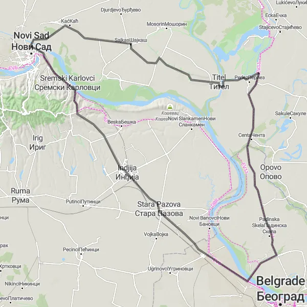 Map miniature of "Inđija Loop" cycling inspiration in Autonomous Province of Vojvodina, Serbia. Generated by Tarmacs.app cycling route planner